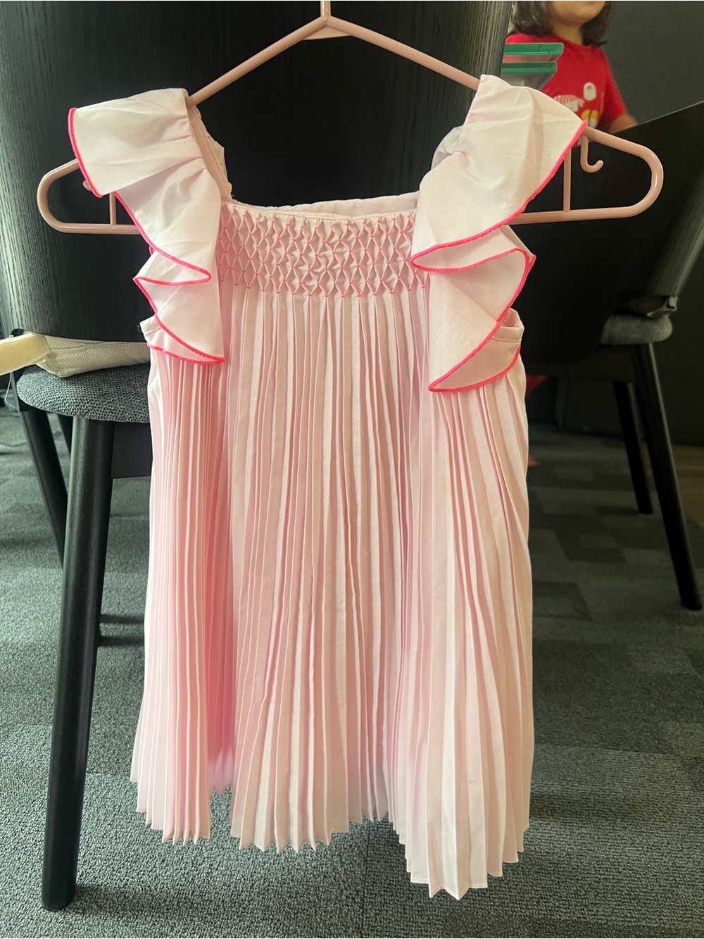Jacadi Girls Light Pink Pleated Ruffle Dress with Hot Pink Trim